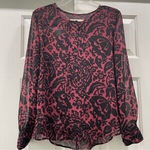 LOFT Maroon Burgundy and Black Floral Print Sheer Blouse Size S